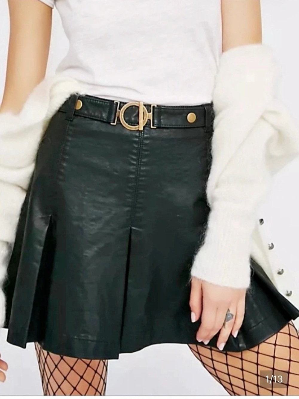 Free People But I Love It Black Faux Leather Pleated Mini Skirt Belted